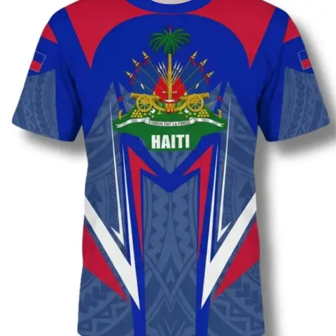 Men's Fashionable Stylish Classic Haiti Flag Letter Print Crew Neck Short Sleeve T-shirt, Ideal for Tropical Summer Daily Wear and Vacation, Graphic Print Tee