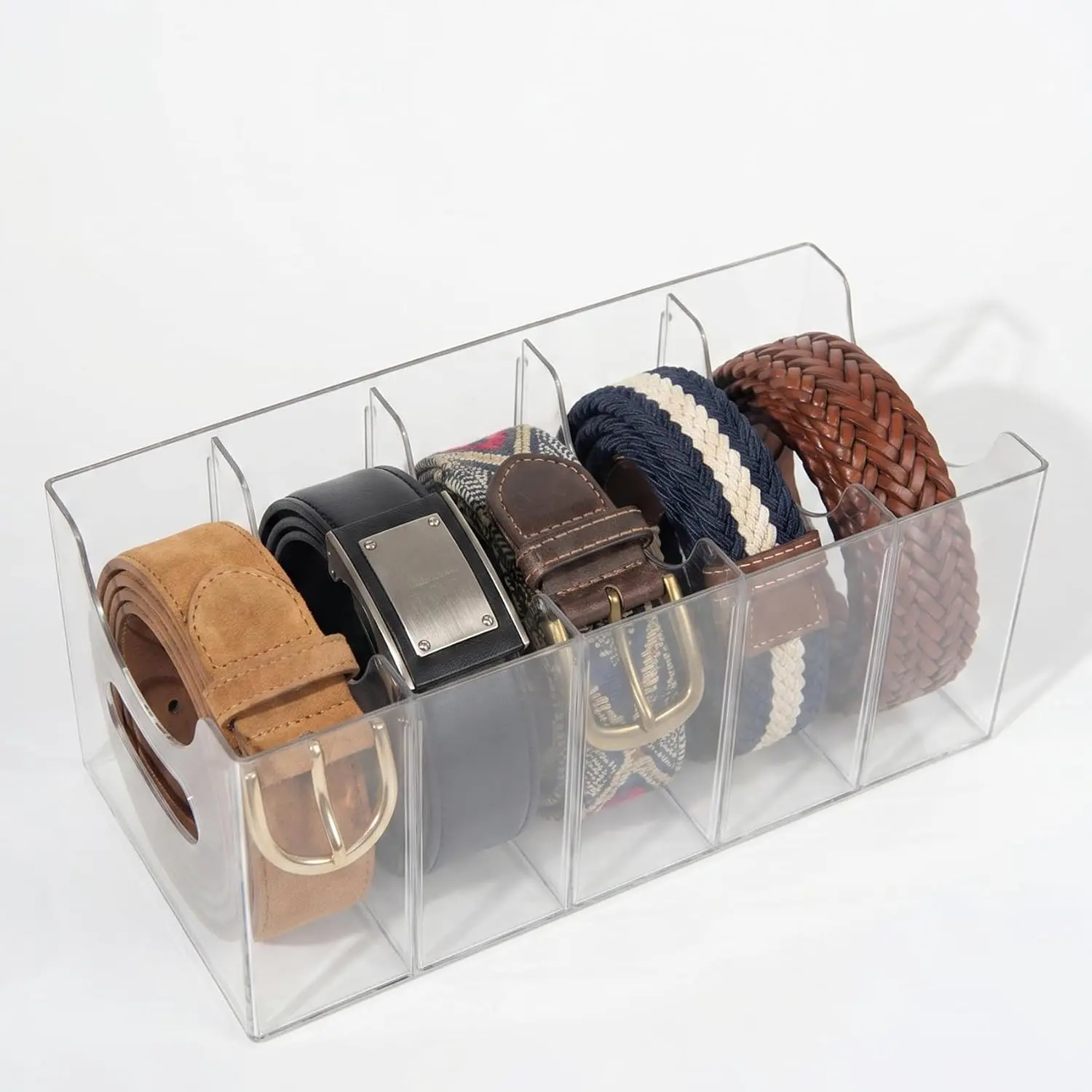 Belt storage Organizer for Closet with Removable Dividers - 5 Compartments & Handles Drawer organization and storage for underwear, Socks, and Bow Ties  Belt Organizers (1pack)