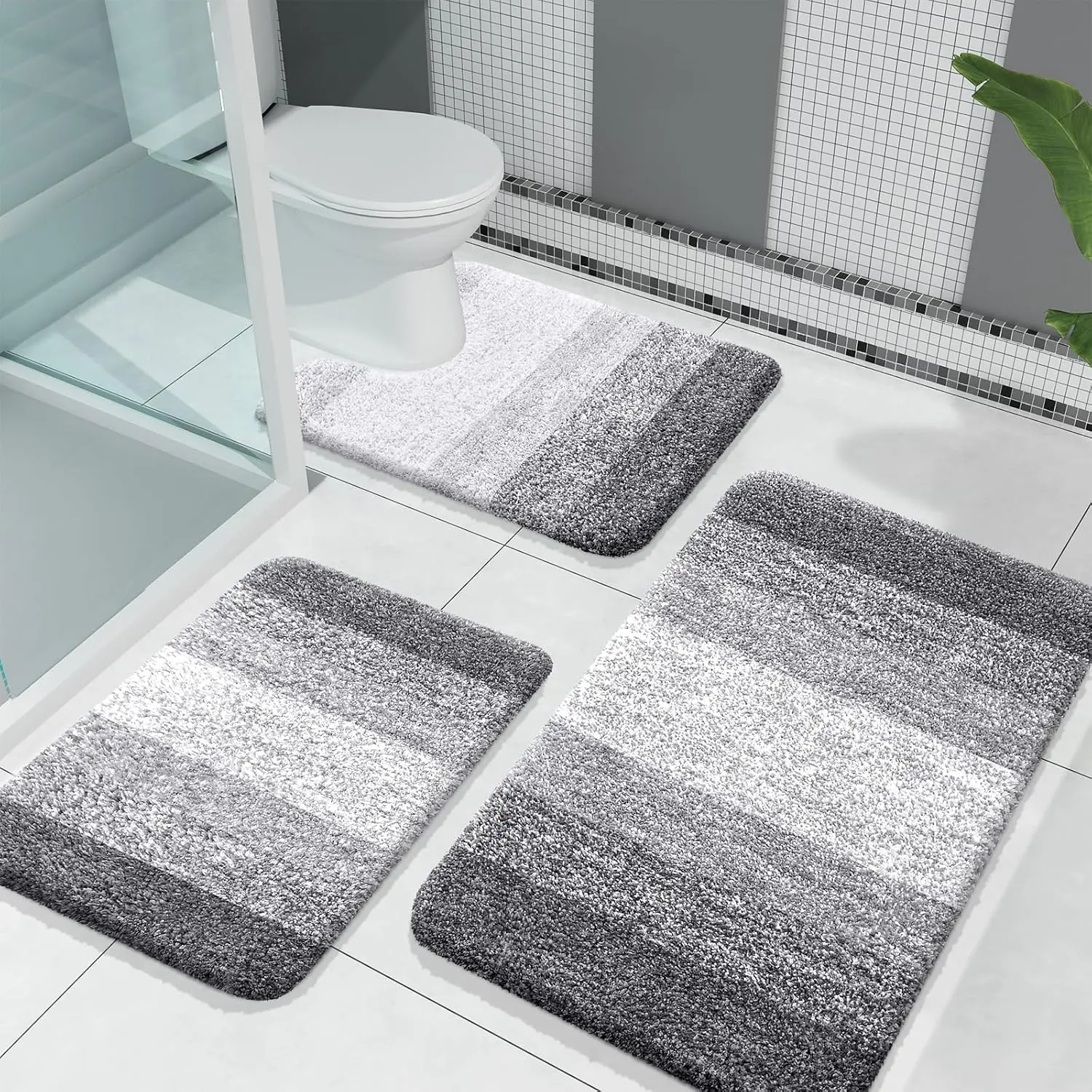 Rugs Sets 3 Piece, Soft Absorbent Microfiber Bath Mats and U-Rug, Machine Wash Dry, Plush Shaggy Bath Mat Set for (30"x20"+24"x16"+24"x20", Grey)