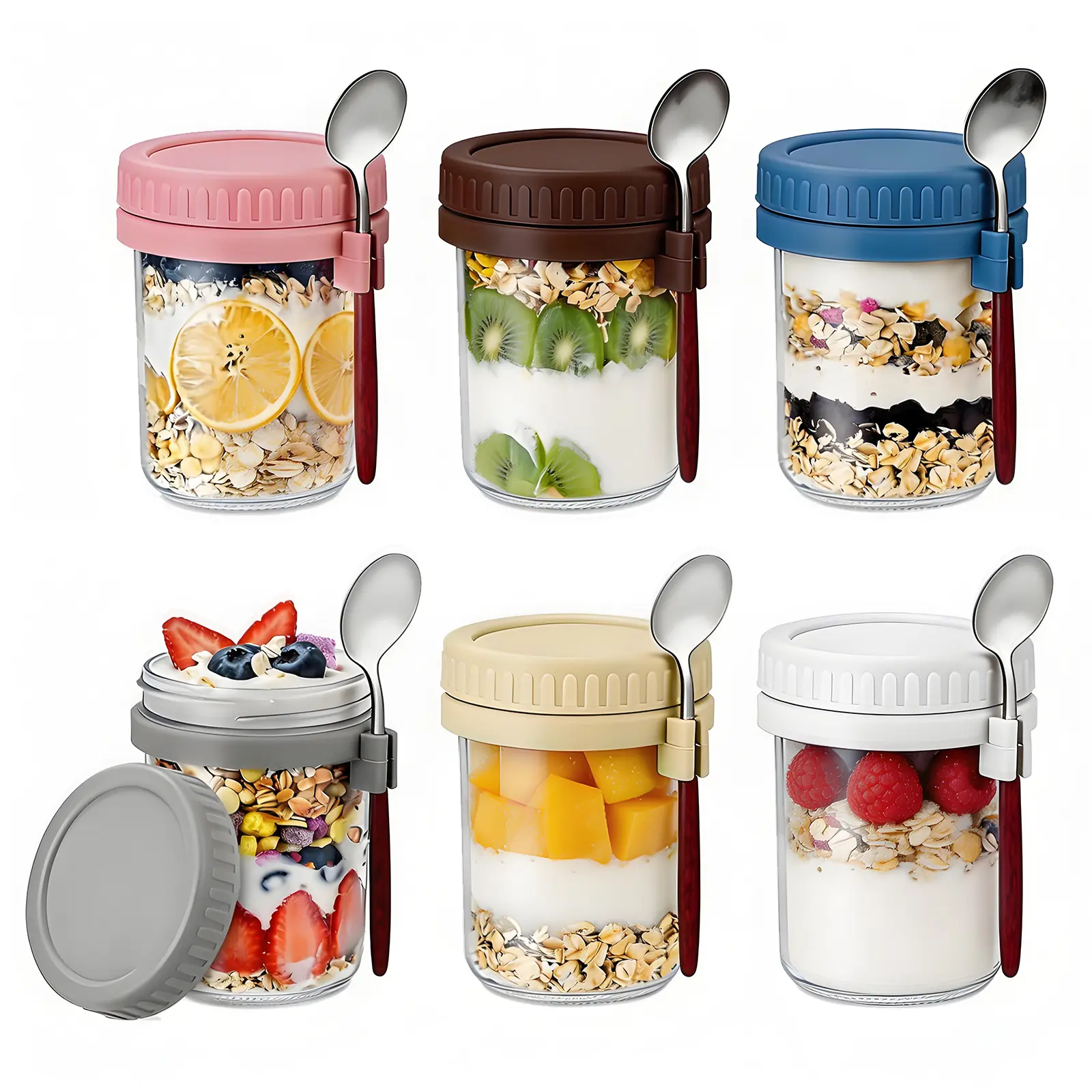 Glass Overnight Oats Containers with Spoons - 6 Pack Mason Jars, 12oz & 16oz, Airtight Leakproof BPA-Free Lids - Reusable Food Storage for Meal Prep, Yogurt, Salad, Chia Pudding, Multicolor Lids