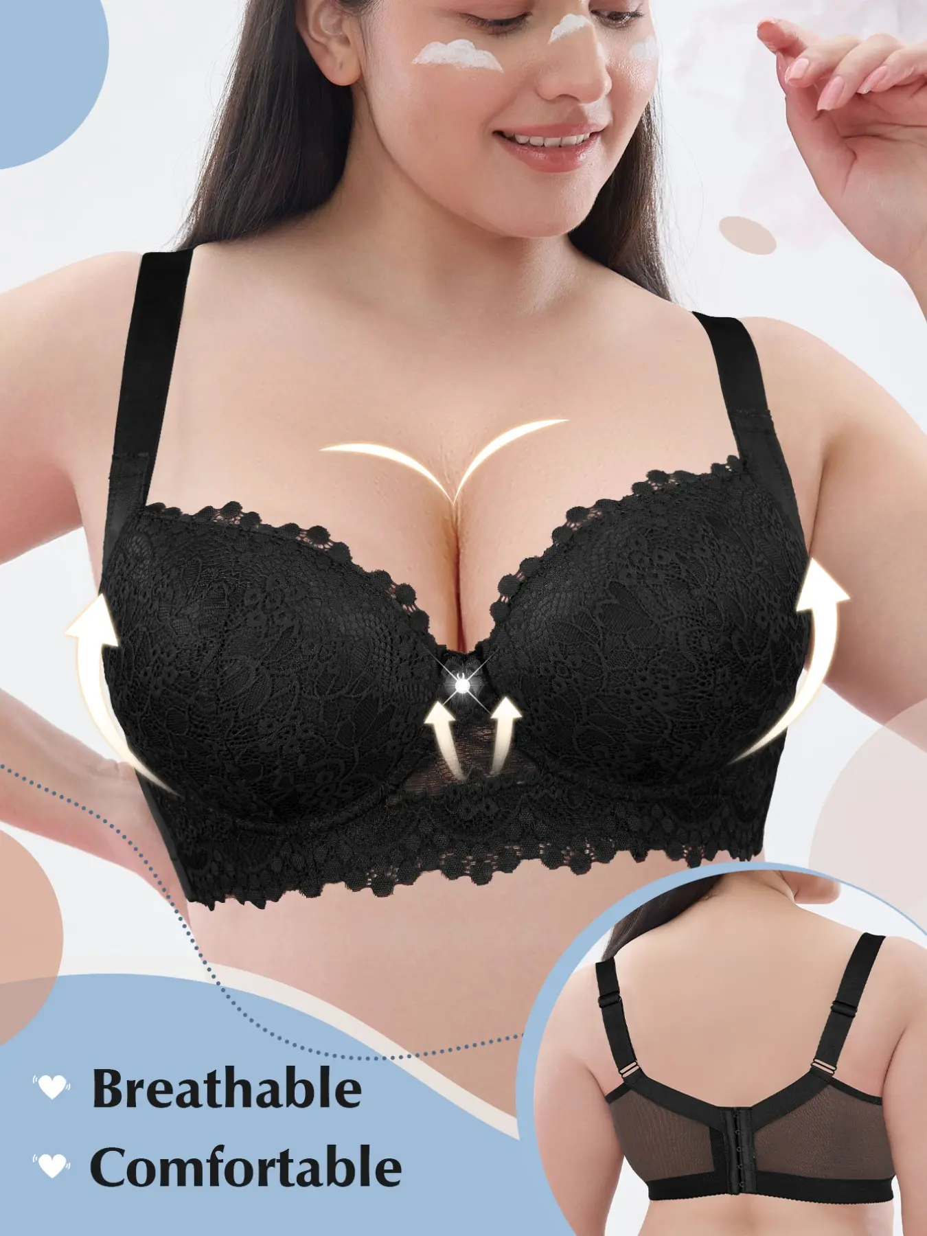 Women Plus Size Lace Lift Bra, Breathable Mesh Back, Wide Adjustable Comfort Straps, High Wide Side Wings For Side Fat Control, Wide Underband Stable Support, Anti-Droop Anti-Splay, Adjustable Bras