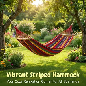 1 rainbow striped widened and enlarged hammock 190 * 80cm, solid wood horizontal bar anti extrusion canvas hammock, portable leisure hammock for outdoor courtyard park camping, breathable and wear-resistant outdoor hammock, no pillow