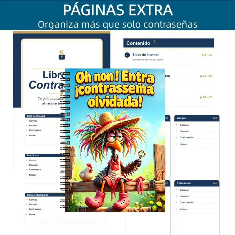 1 Spanish password notebook for internet and computer logins, cute Spanish version password planner, suitable for home or office, with colorful feathered bird and chick illustrations - record website usernames
