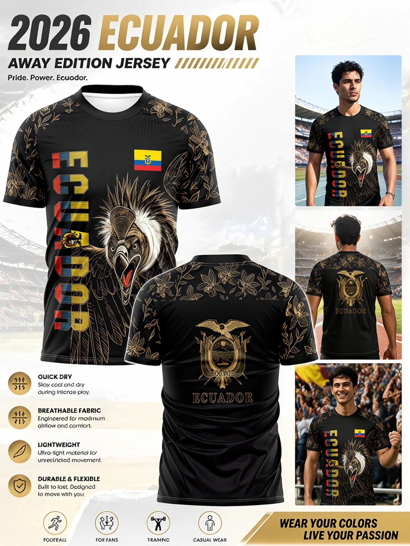 Ecuador Gold Orchid Football Jersey, Lightweight Flexible Sport Top, Quick-Dry Breathable Durable Short Sleeve, All Seasons, Soccer Jersey
