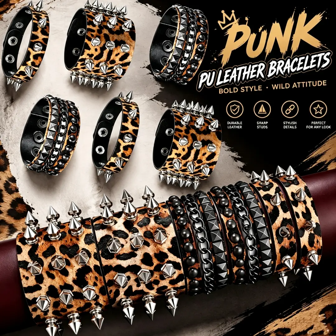 2/3/4/5/6Pcs Punk Leopard Print PU Leather Spike Bracelets for Men Women, Gothic Rivet Wristband, Wide Cuff Bracelet, Spiked Bangle, Halloween Costume Jewelry Gift