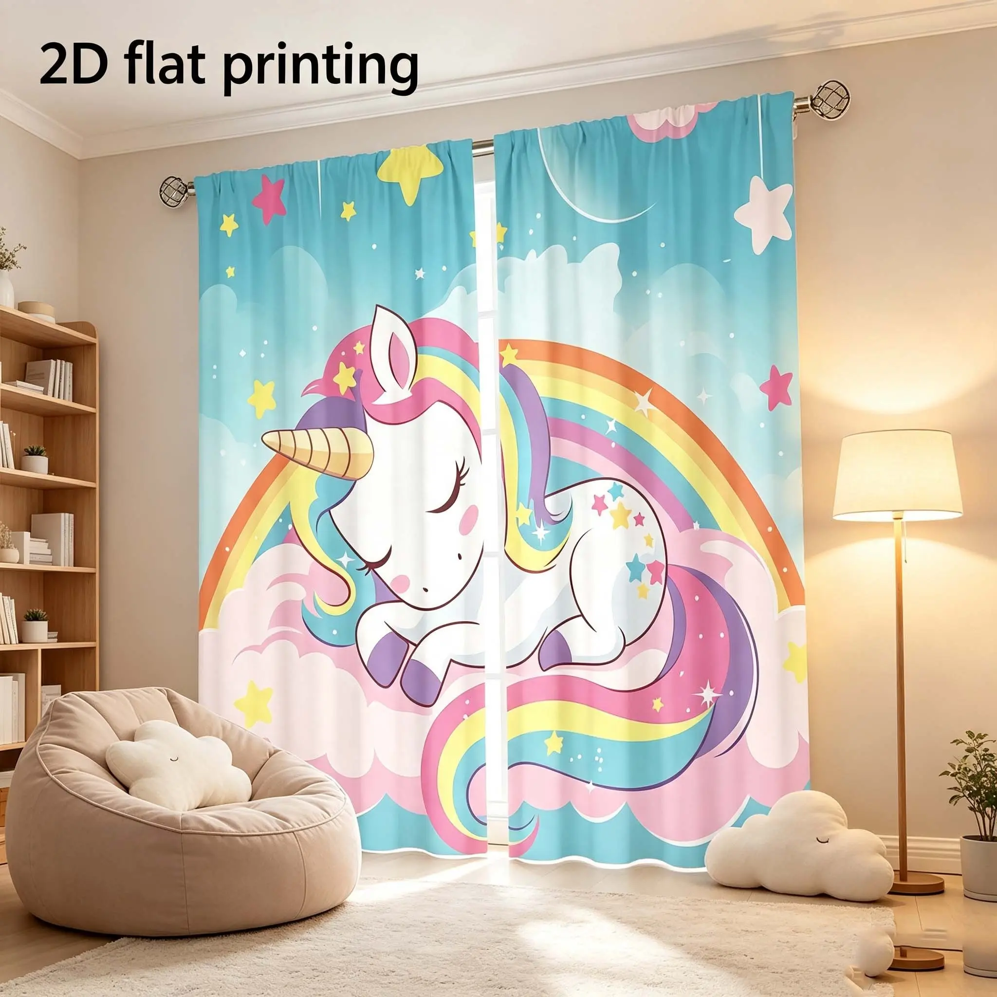 2-piece set of colorful unicorn curtains for sleeping, durable semi transparent polyester material curtains that can be washed with water, suitable for bedrooms/living rooms/study rooms, and is an ideal choice for home decoration, Window Curtain