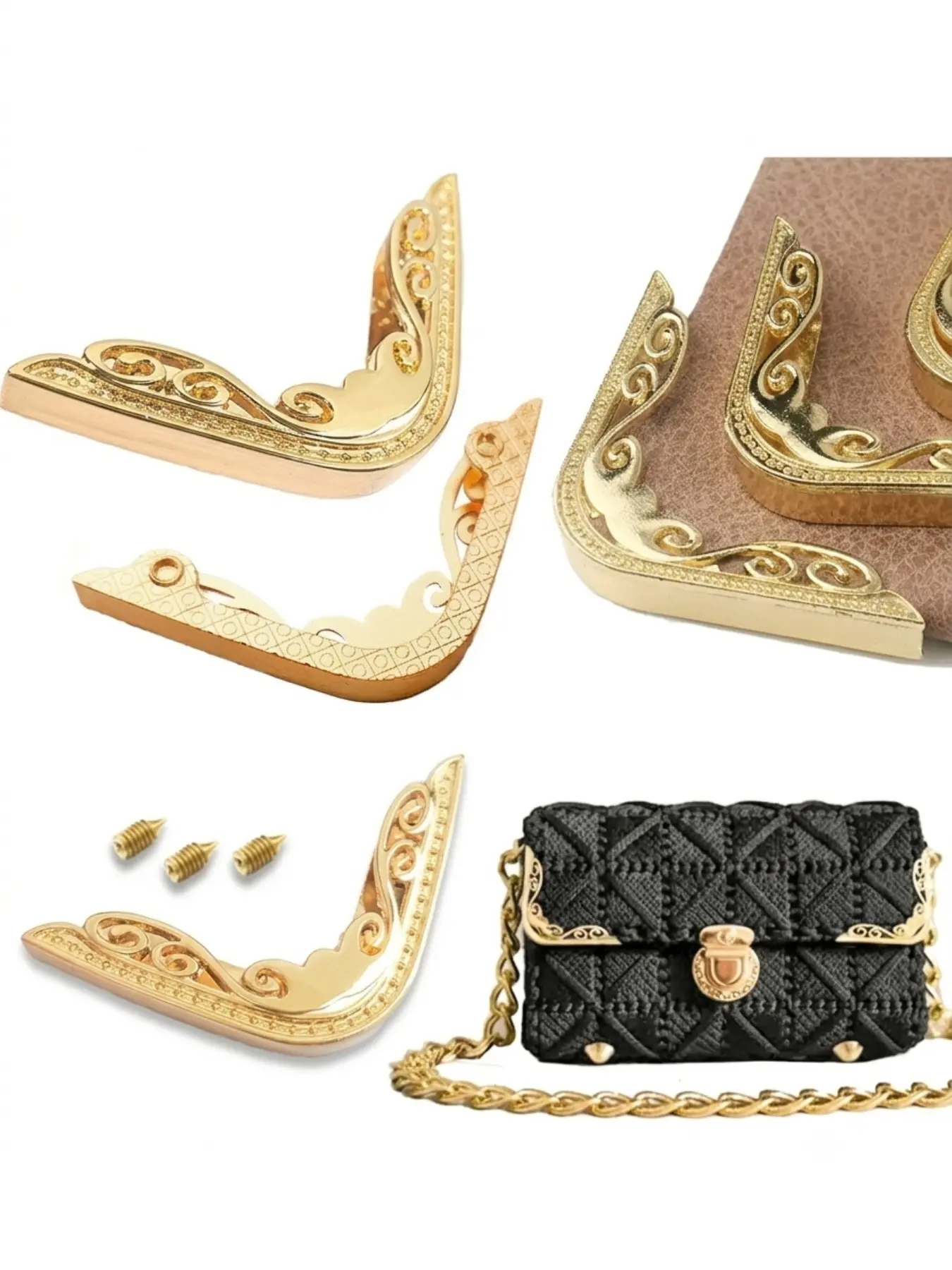 2 Vintage Metal Corner Protectors, Luxurious Handbag Edge Guards, Decorative Wallet Hardware, DIY Leather Craft Supplies