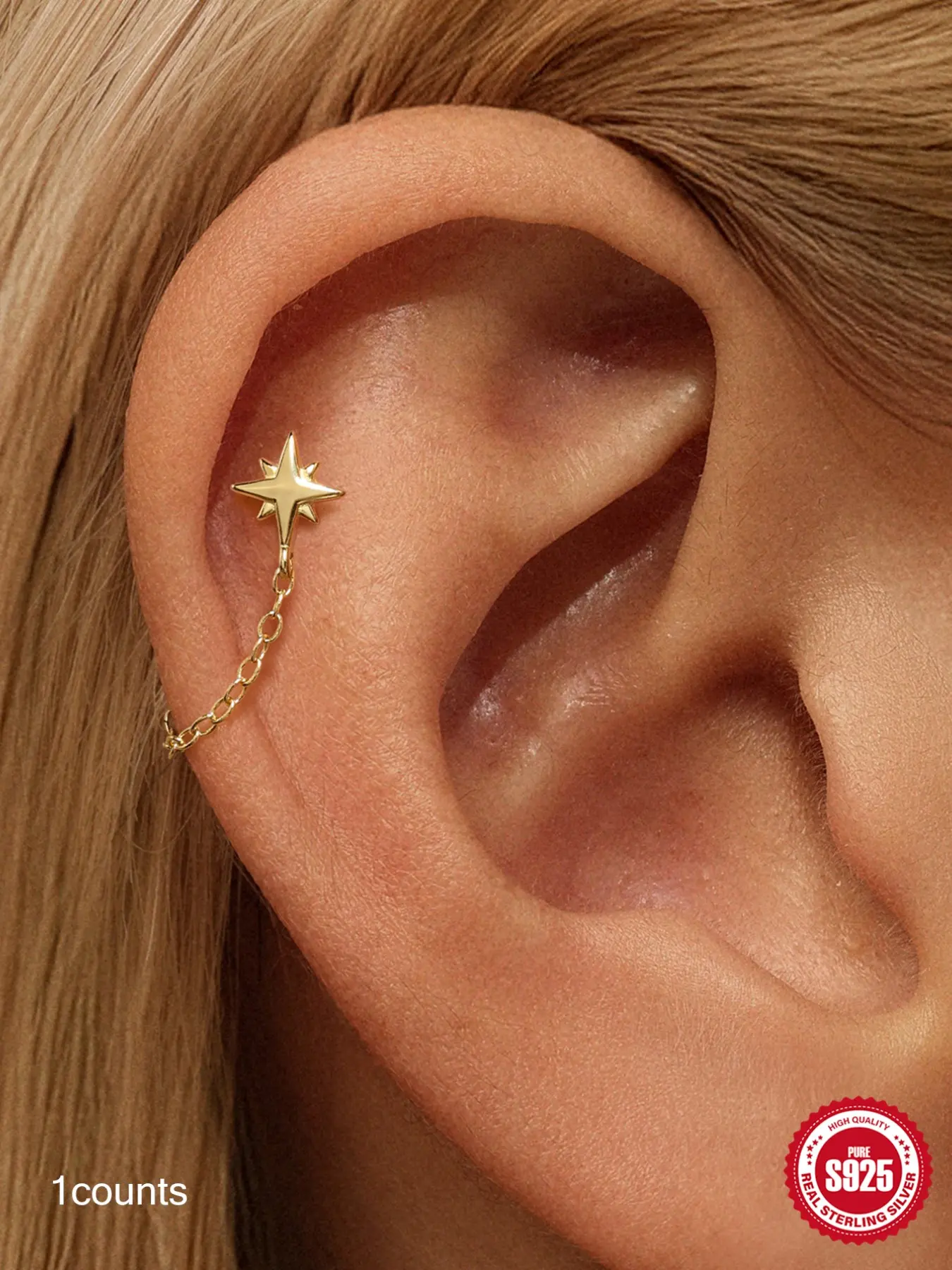 18K Gold Plated S925 Sterling Silver Eight-Pointed Star Chain Threaded Flat Back Cartilage Earring, Threader Earring, Earrings for sensitive ears, Hypoallergenic Helix Conch Tragus Piercing Jewelry for Date Party Gift for Her