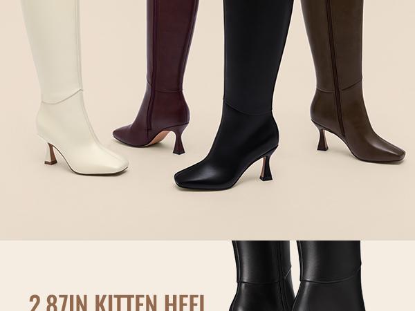 Athlefit Women's Kitten Heel Knee High Boots Square Toe High Heel Sexy Tall Boots with Side Zipper