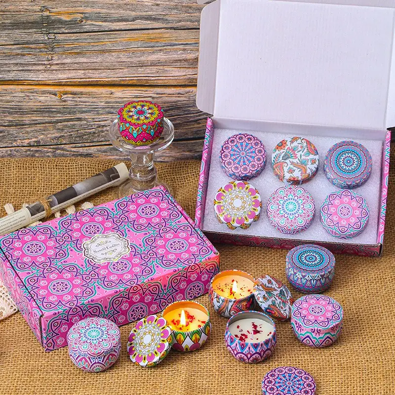 6 Fragrances Colorful Mandala Tin Soy Wax Candles, Long Lasting Aroma Candle Kit, Aromatherapy Candles for Home Decor, Relaxation & Parties