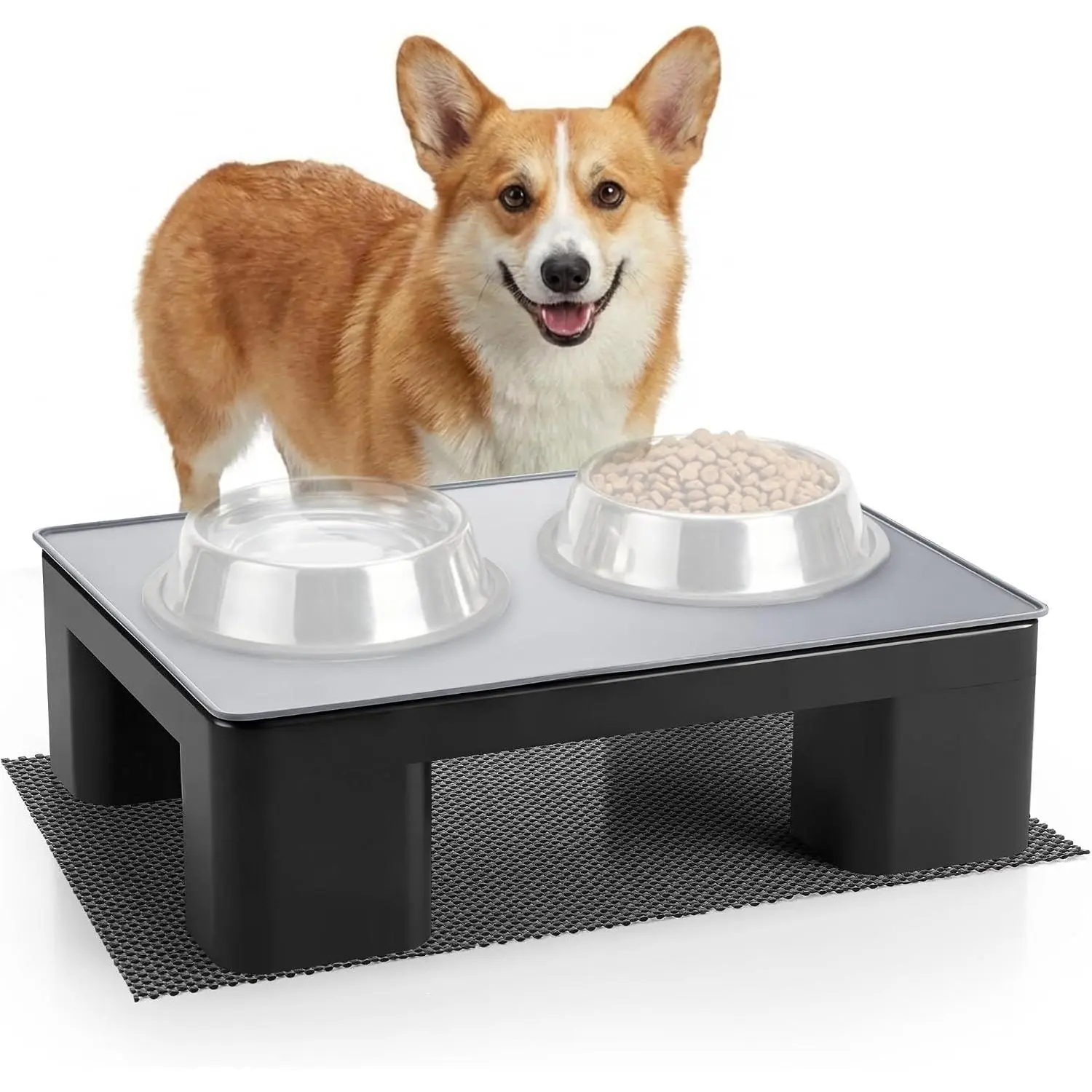 Upgraded Elevated  Bowl Stand and   & Non Slip Mat, Raised Bowl Stand for Small Medium Dogs, Easy Clean   Mat-    & Protect Your Floors (Black,1 Pack)