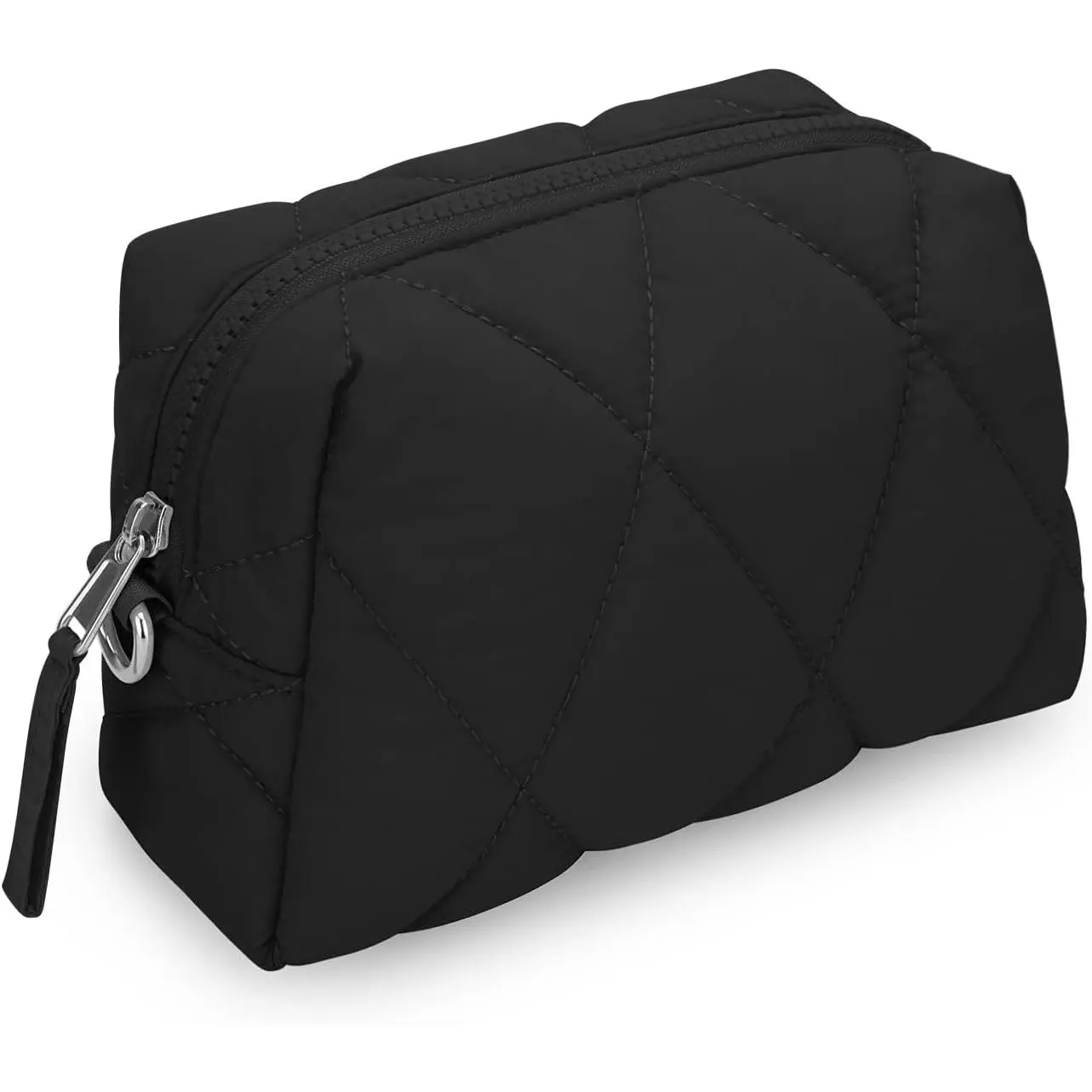 Quilted Puffy Makeup Bag (Black) | Travel  Organizer, Compartments, Portable Zipper Pouch, For Women Girls, Brush Accessories Storage