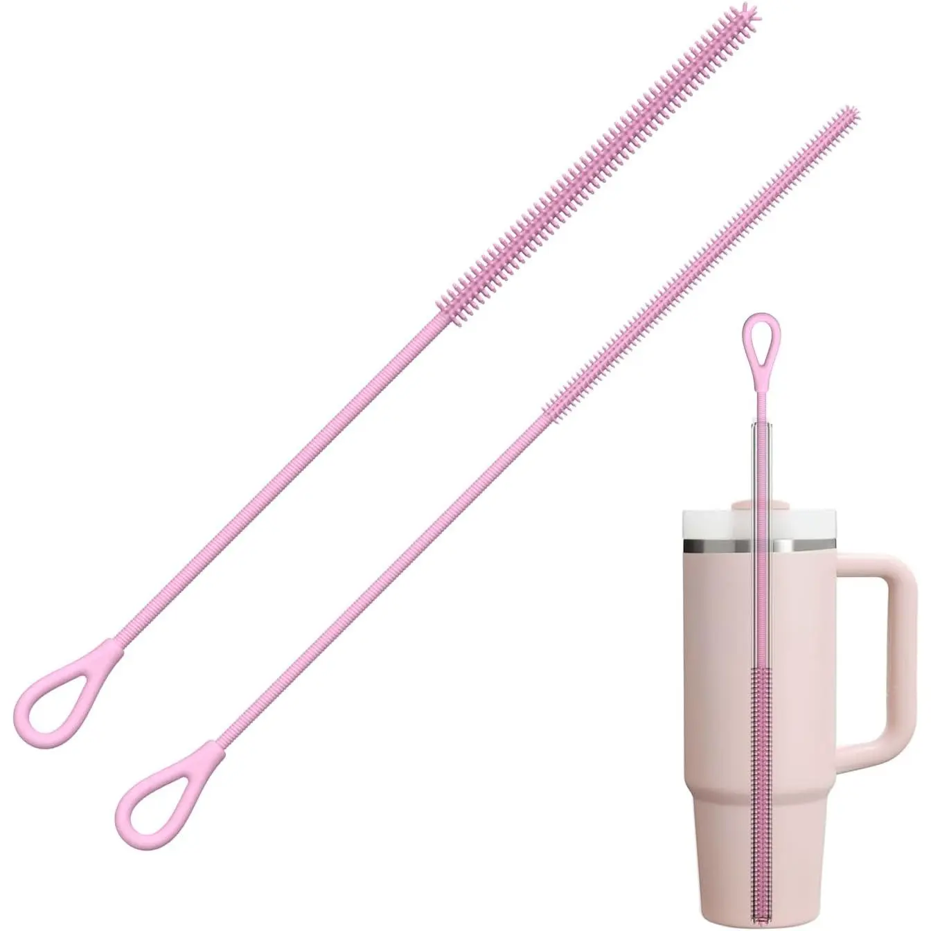 Silicone Straw Cleaner Brush, 2Pcs Reusable Straw Brush Extra Long for Cleaning Tumbler with Handle and Glass Metal Smoothie Straws, Non-slip Handle Soft and Bendable, 6mm+9mm, Pink
