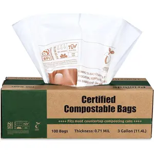 Compostable Bags, 3 Gallon  Scraps Yard  Bags, 100 Count, Extra Thick 0.71 Mil. ASTMD6400 Compost Bags Small Kitchen Trash Bags, Certified By BPI And TUV AUSTRIA