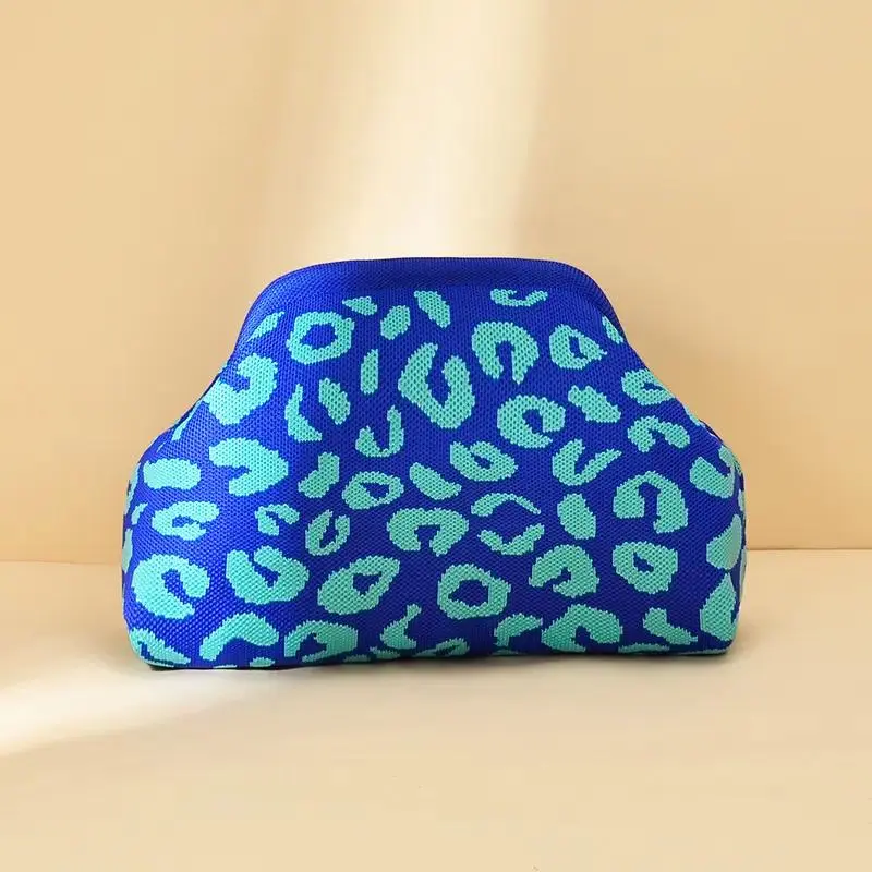 Women's Leopard Print Knit Clutch Bag - Royal Blue, Teal Cheetah Print, Woven Frame, Dumpling Form, Vintage Magnetic Snaps, Secure Access, Evening Wear Wristlet Pouch