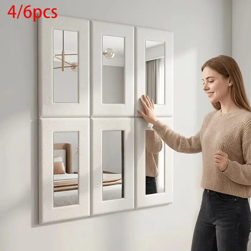 4/6 Piece 3D Mirror Leather Wall Panel, Self-Adhesive Thick Foam, Bed Head Background Wall Protector, Waterproof Soundproof Home Decor Panel