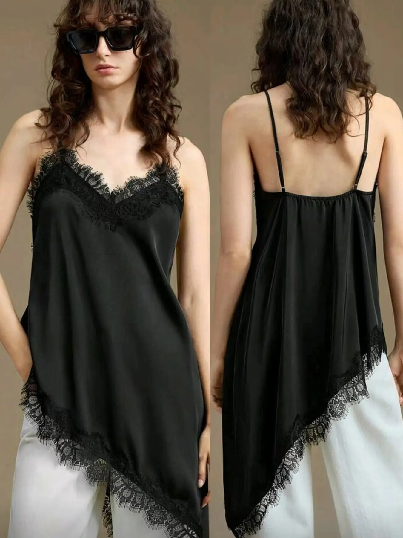 V-Neck Lace Patchwork Loose Cami Top, Asymmetrical Chiffon Satin Strapless Shirt, Women's Elegant Chic Versatile Upper Garment