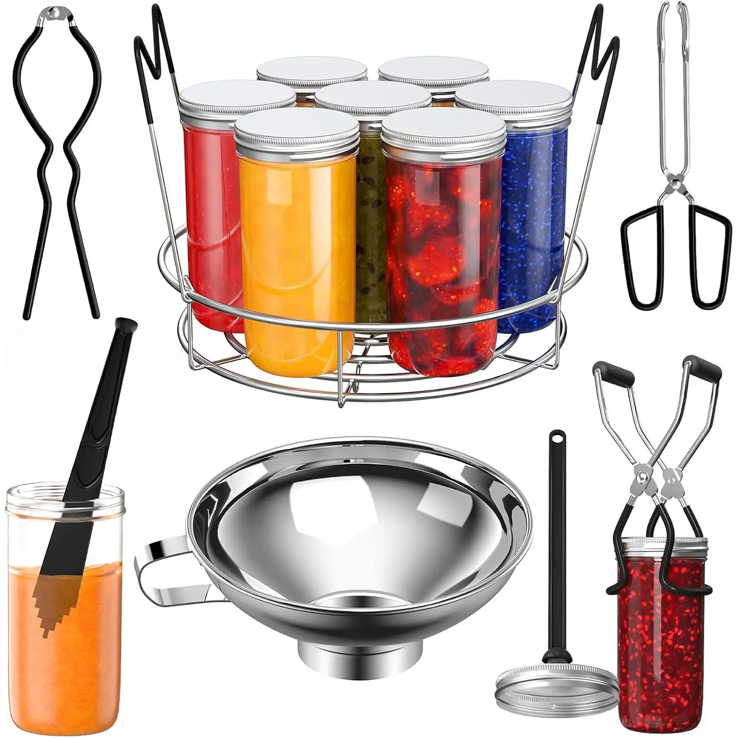 Beginner's 7-Piece Canning Utensils Set - Stainless Steel Rack, Wide-Mouth Funnel, Kitchen Tongs, Jar Lifter, Magnetic Lid Lifter, Jar Wrench, Bubble Remover for Glass Peach Canning