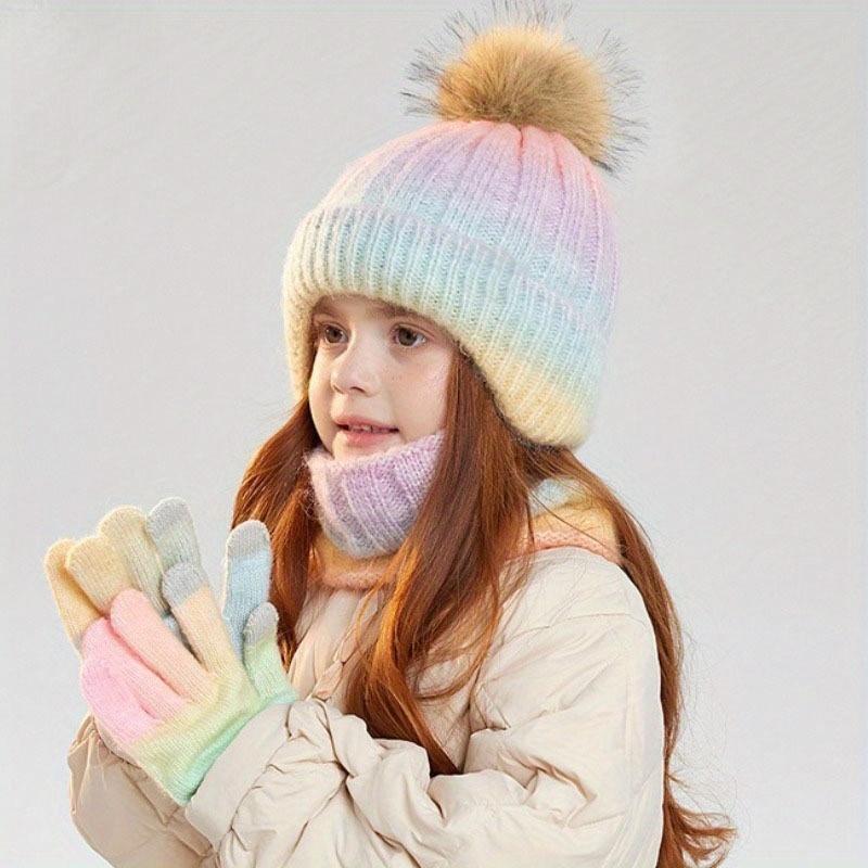 Ombre Gradient Beanie Hat with Ear Flaps - Stretchy Unisex Winter for Boys & Girls 3-10 Years, Elastic Fit, Soft Warm Knit with Color-Changing Design, Cute Winter Hats