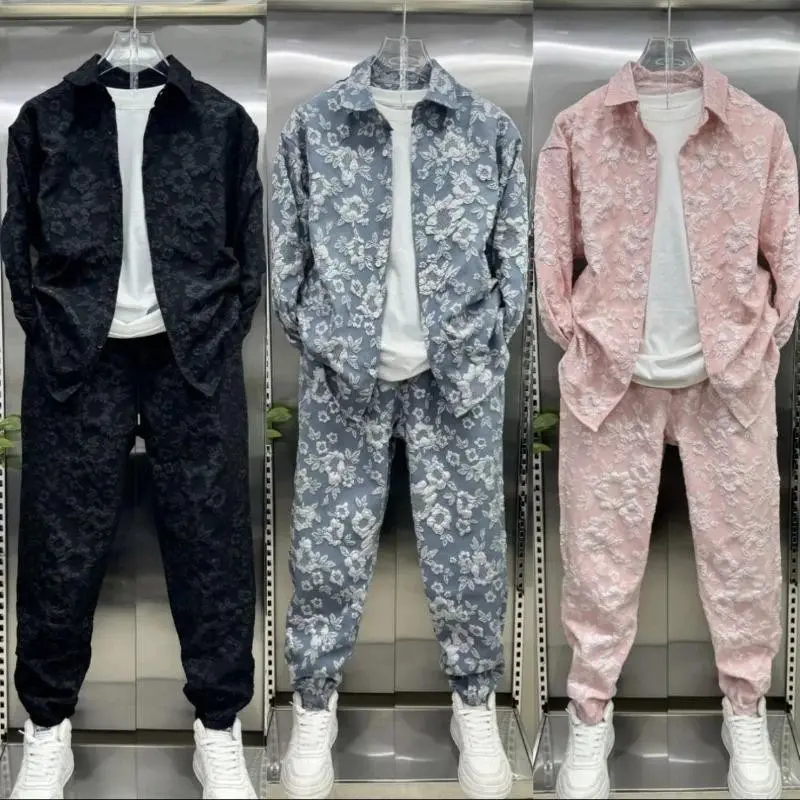 New 3D Relief Jacquard Shirt Jacket Two-piece Pants Set Trendy Brand High-end Casual Sports Suit Clothes Menswear Gamis Formal