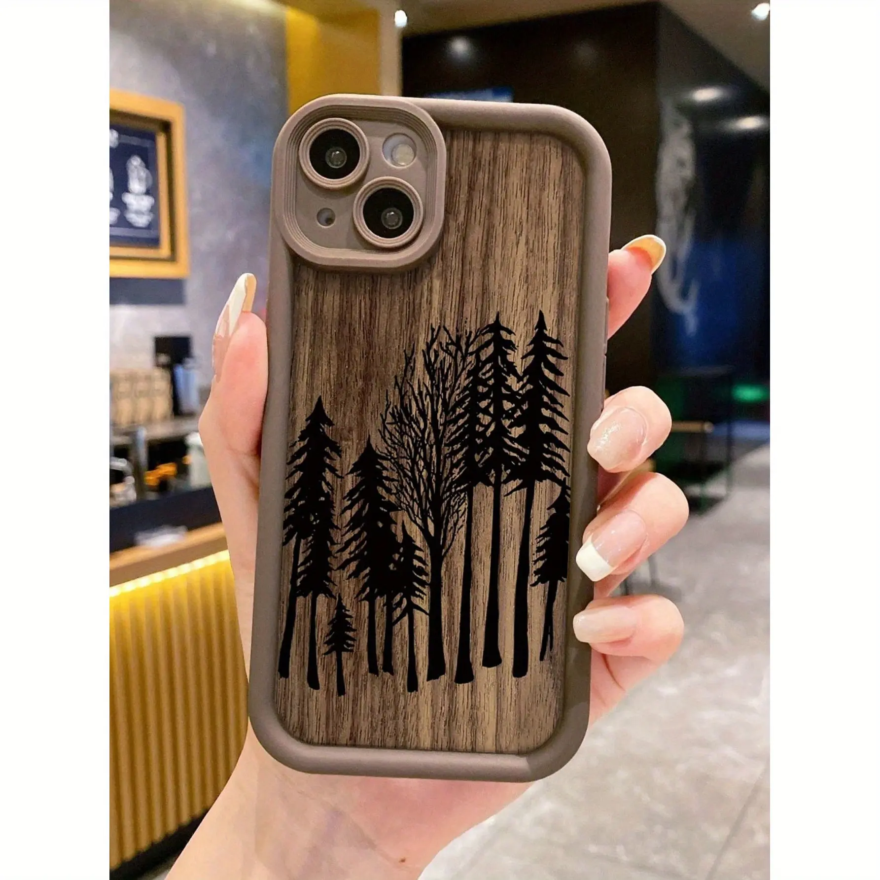 Wood Grain Forest Pine Tree iPhone Case Vintage Wooden Texture Black Silhouette Wilderness Print Soft Silicone Shockproof Phone Cover For iPhone 17 16 15 14 13 12 11 Pro Max Plus Mini Raised Lens Frame Outdoor Rustic Aesthetic Phone Shell