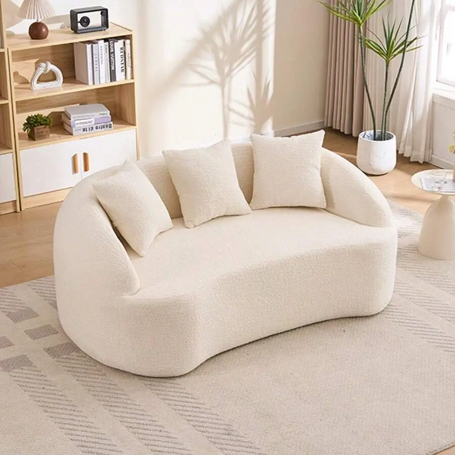 65" Modern Curved Chenille Loveseat Sofa, Compressed Boneless 2-Seater Modular Couch With 3 Pillows, Space-Saving Small Apartment Sofa Living Room Bedroom Office Studio Dorm, Minimalist Upholstered Couch Small Spaces