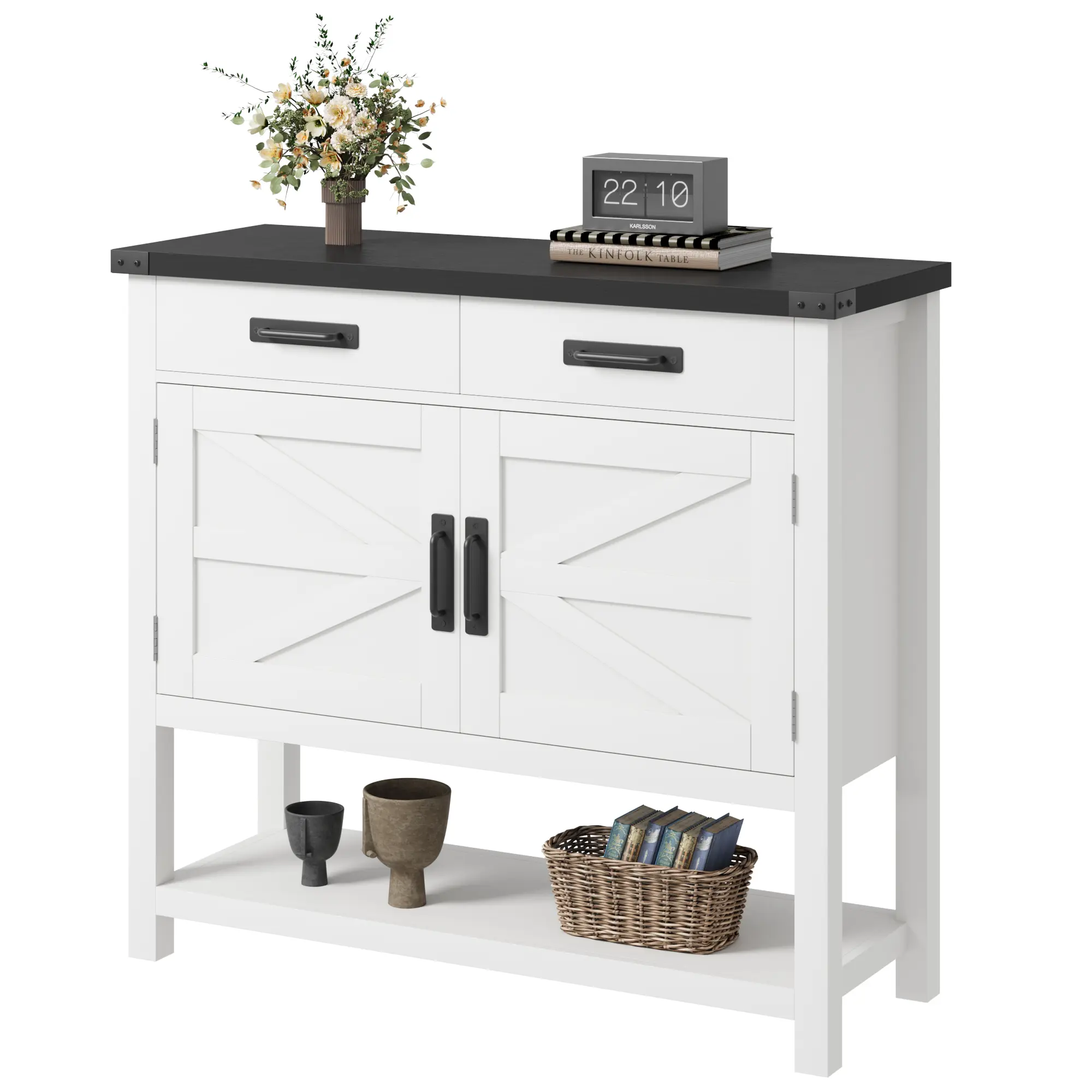 GARVEE Farmhouse Console Table with Storage - 2 Doors & 2 Drawers, Shelf Cabinet, Entryway Sofa Table/Coffee Bar Buffet Sideboard for Living Room, Hallway, Dining, Kitchen - Grey/White