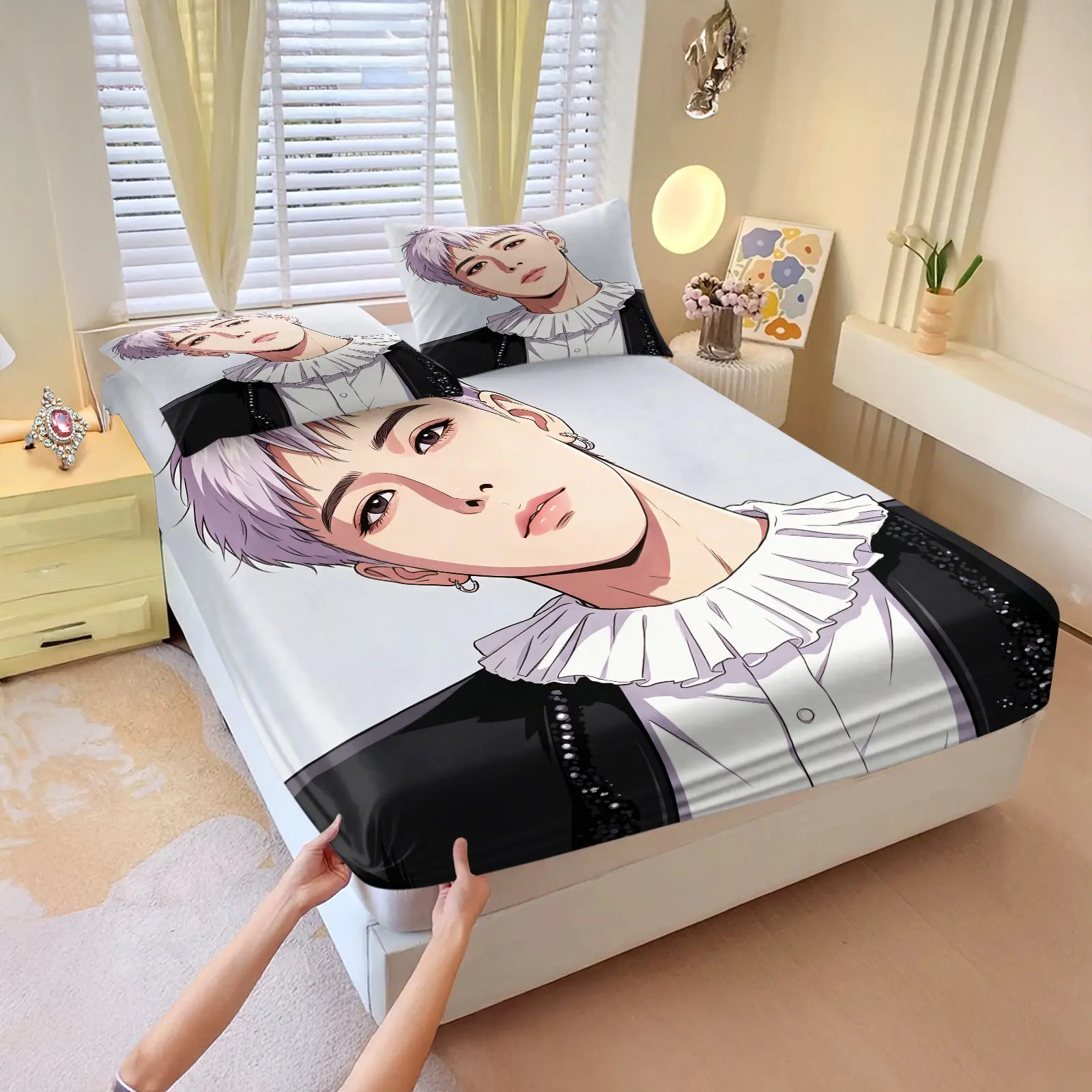 3Pcs Korean Manhwa Style Trendy Handsome Boy Fitted Sheet Set, Hand-drawn Cool Fashion Portrait Print, Premium Soft Microfiber, Deep Pocket, Perfect for Anime Themed Bedrooms