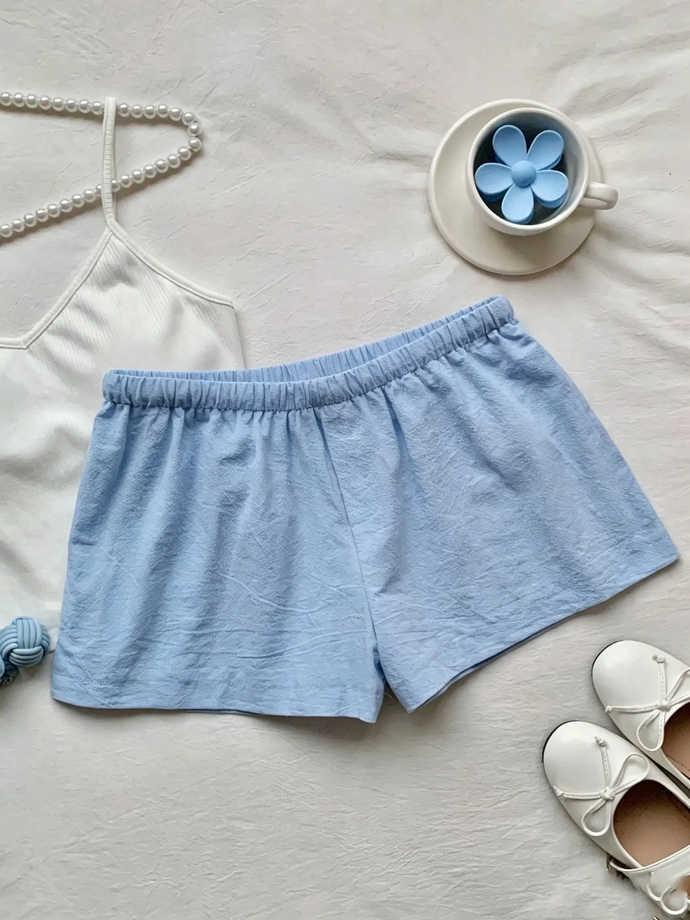 White Textured Drawstring Adjustable Baggy Casual Shorts | Minimalist & Loungewear Aesthetic | Elastic Waist & Flowy Fit | Versatile Everyday & Beach Wear Bottoms