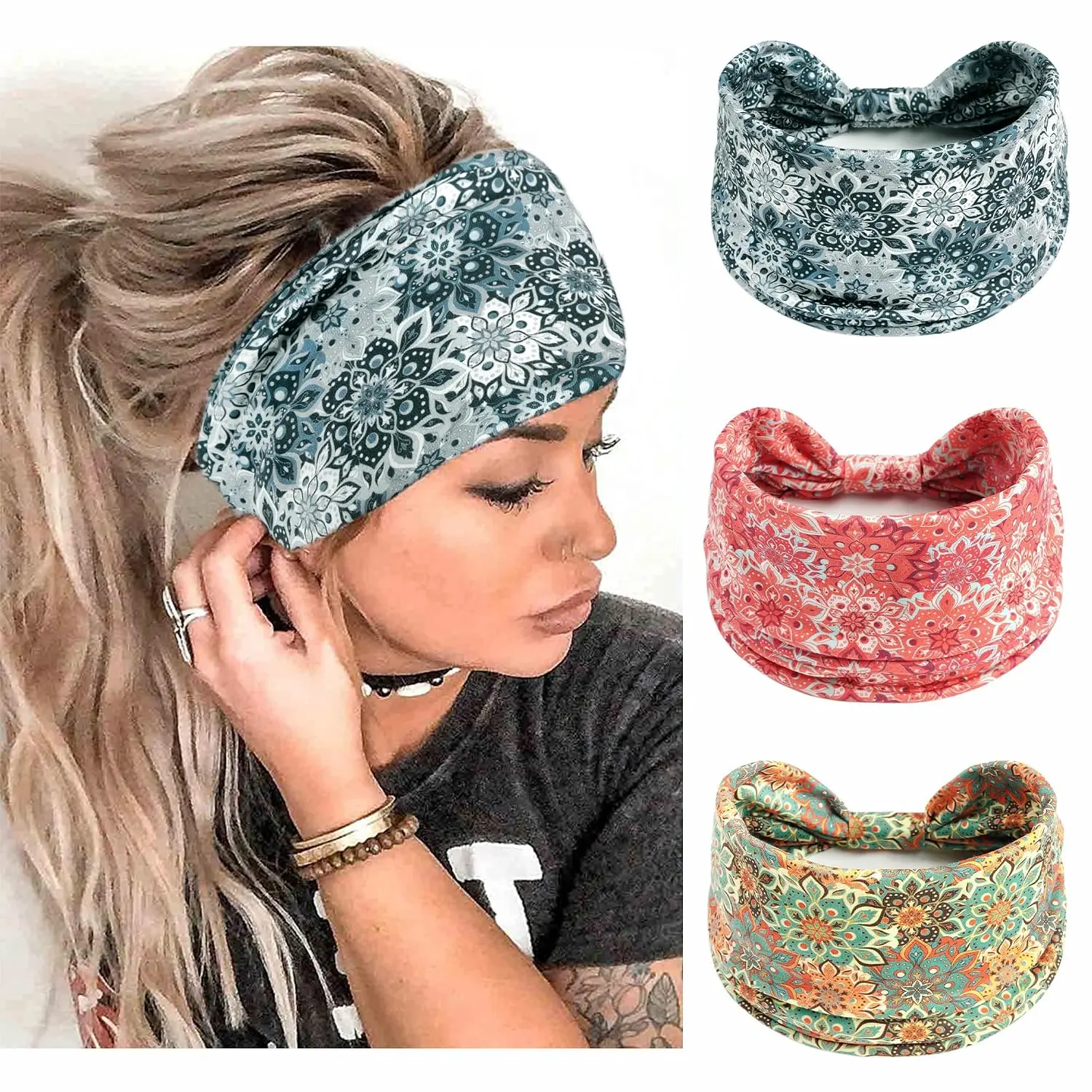 Headbands Stretchable Hair Bands Fashion Turban Knotted  Bands Workout Running Sweatband Breathable  Wrap  Style Hairband Accessories for Women Yoga 3 Pack