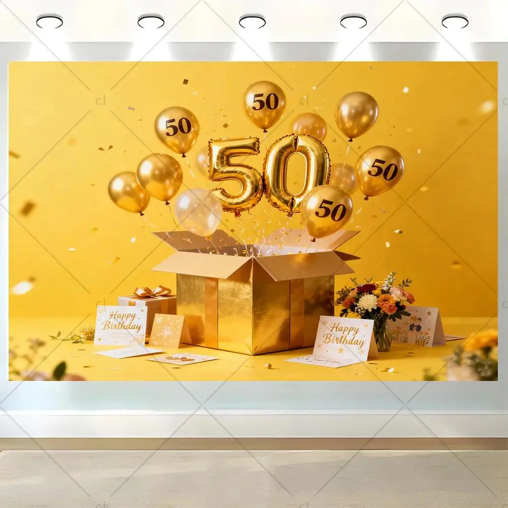 50th Birthday Gold Black Glitter Balloon Polyester Backdrop Banner - Home Decor Tapestry, Room Photo Background, Gift for Celebration, Thanksgiving, Independence Day Indoor-Outdoor Party Supplies (Bag Included)