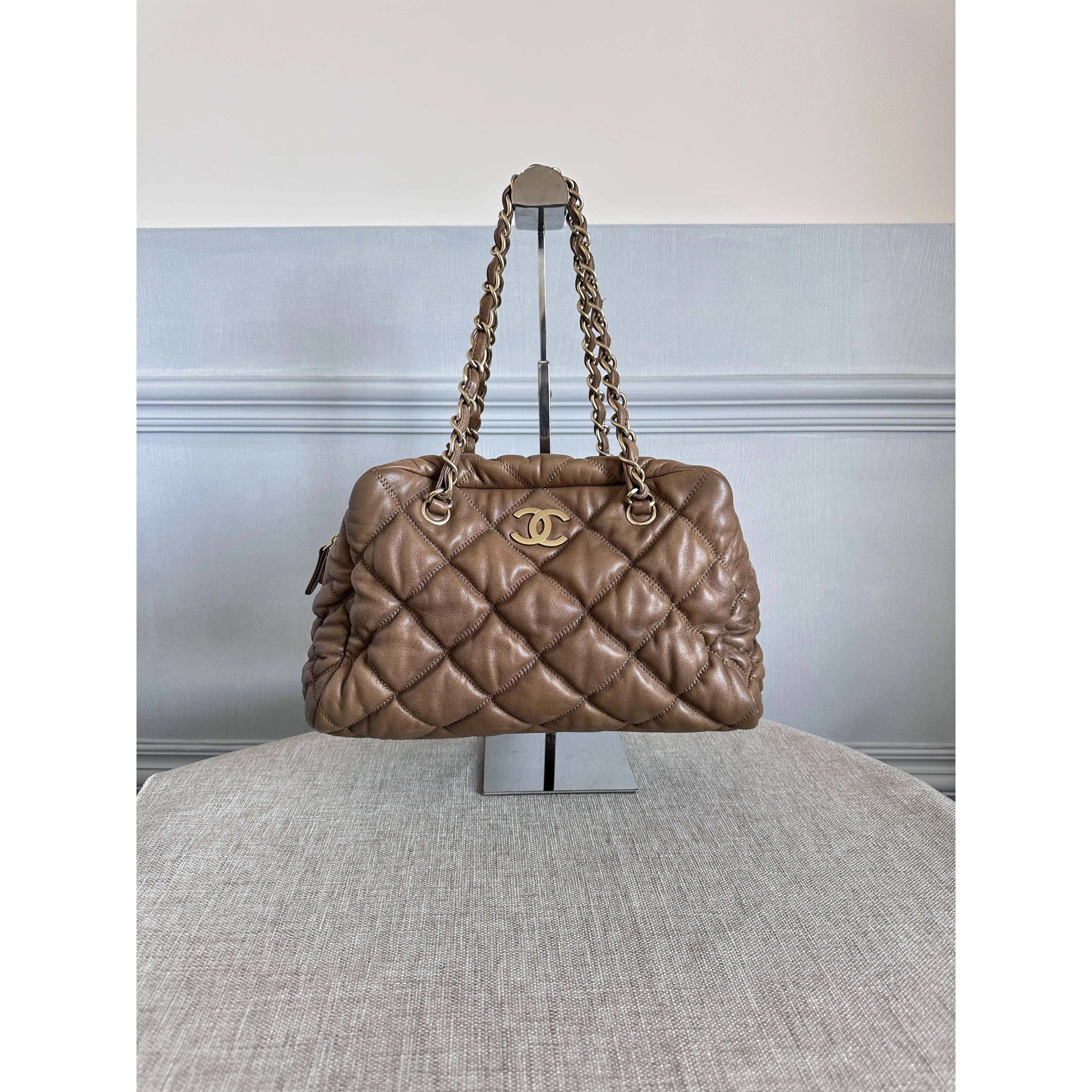 Pre-owned CHANEL Brown Quilted Lambskin Chain Shoulder Tote Bag