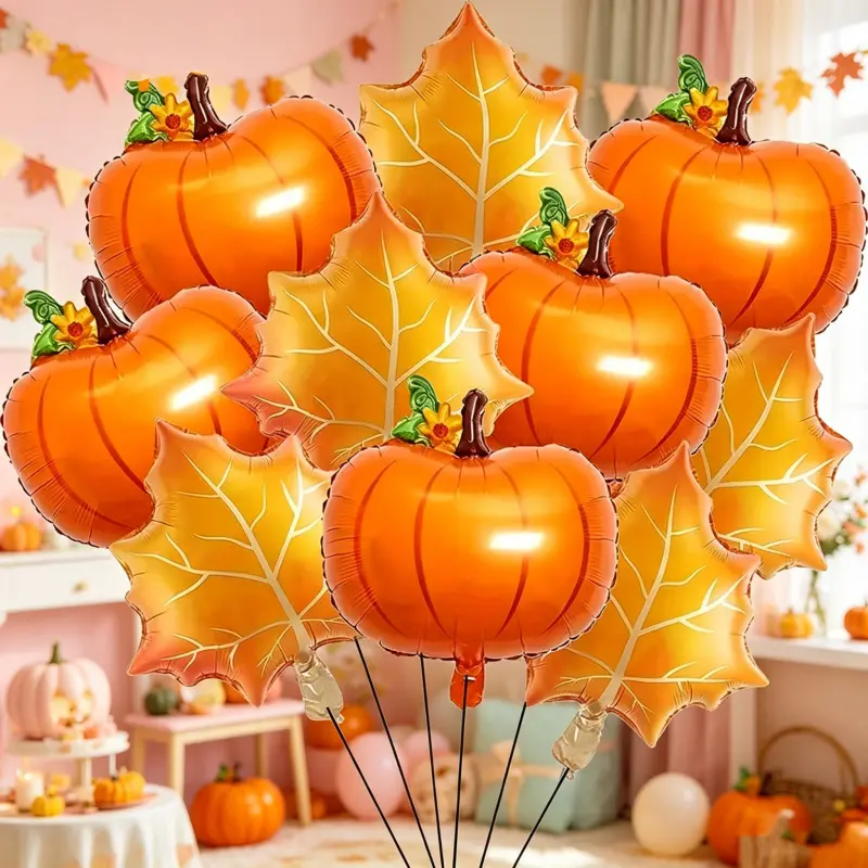 10-piece autumn harvest pumpkin and maple leaf foil balloon set, Thanksgiving autumn theme party decoration orange foil balloons