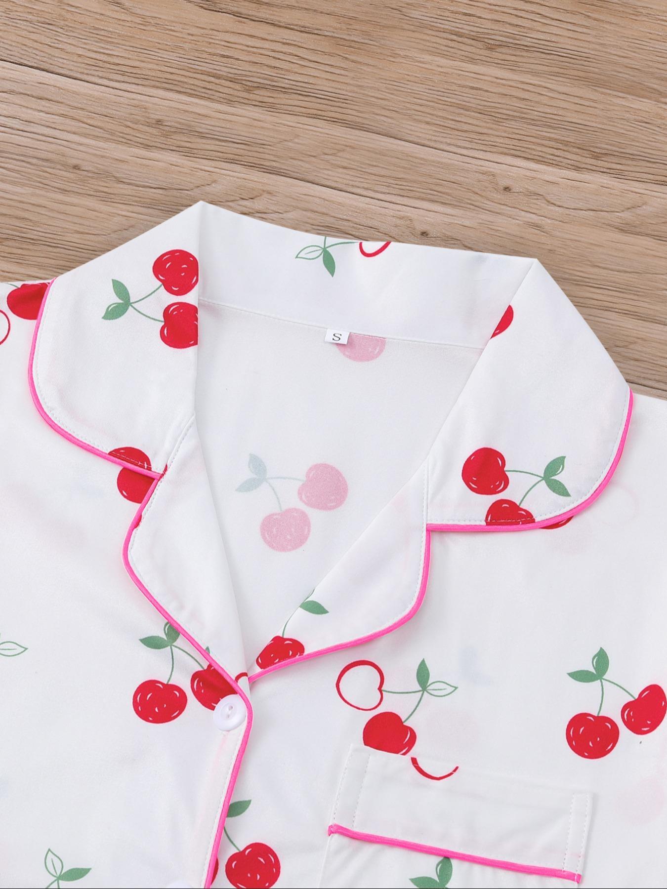 Women's Cherry Print Shirt & Elastic Waist Shorts Pajama Two-piece Set, Casual Comfy Short Sleeve Top & Shorts Pj Set, Ladies Sleepwear for All Seasons, Womenswear, Pyjamas
