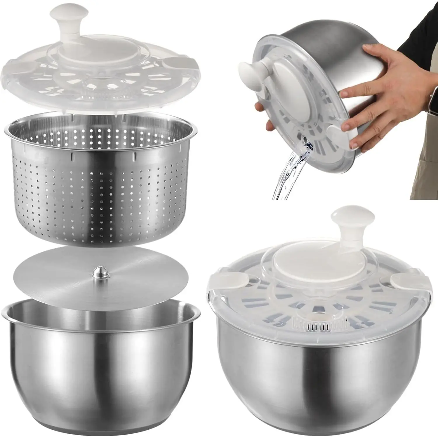 Large Stainless Steel Salad Spinner, Lettuce Spinner Vegetable Strainer Set, Fruit Straining Spinner with Self-Locking Lid