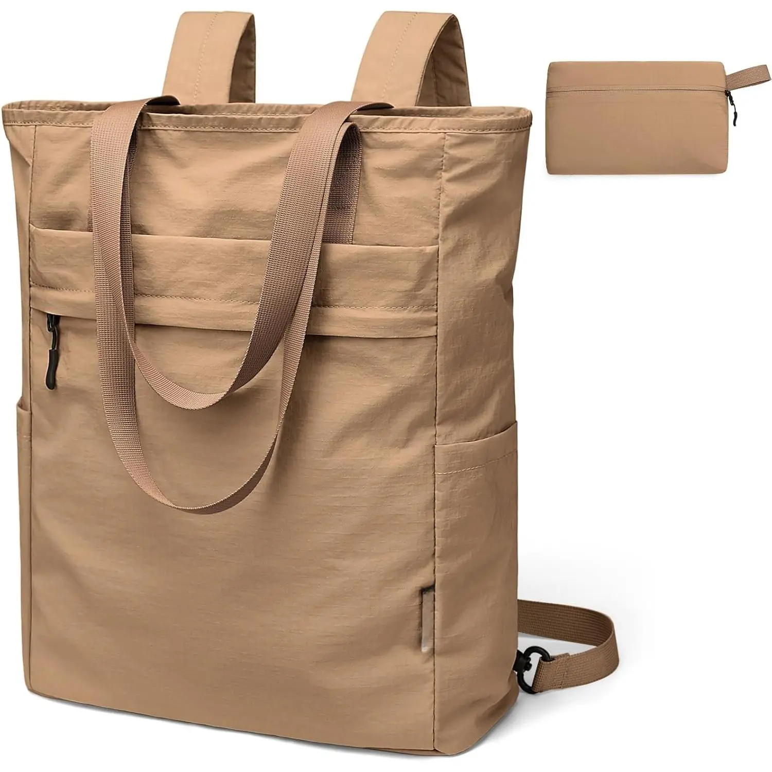 Foldaway Convertible Tote Backpack Lightweight Nylon Daypack for Women Men City Pack Versatile Backpack for Leisure Travel, Gravel Brown