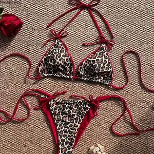 Leopard Print Bikini Set Red Trim Halter Swimwear - Sexy Triangle Top with Tie Side Cheeky Bottoms, Wild Animal Print Flattering Design Perfect for Beach Vacation Summer Party Looks