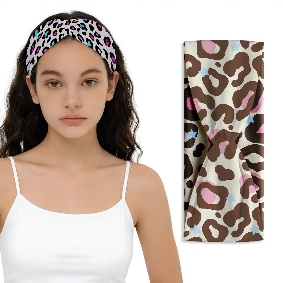 Women's Leopard Print Wide Headbands 2-Pack, Non-Slip Synthetic Fiber Elastic Hair Accessories for Makeup, Skincare, Modern Gym/Outdoor Use