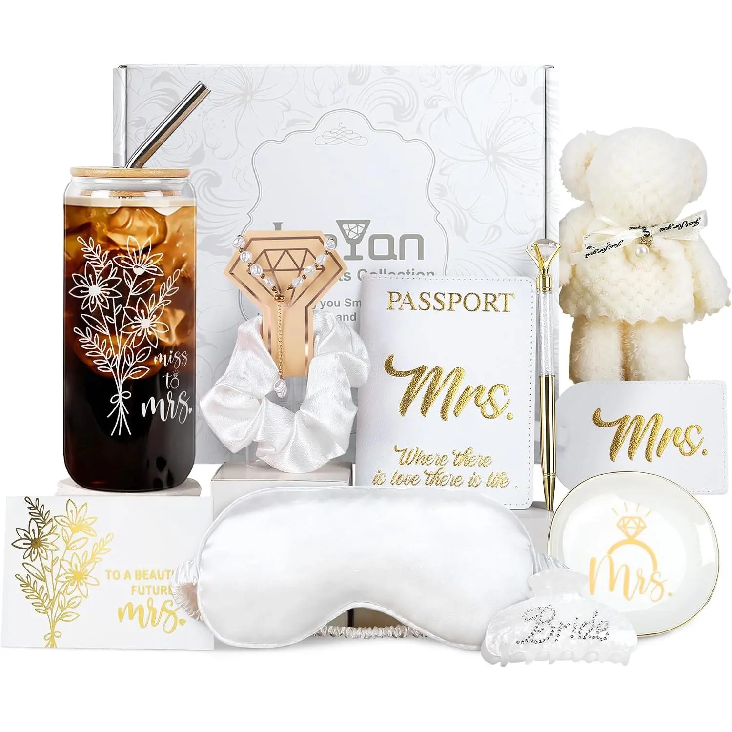 Joeyan Bridal Gift Set - 10Pcs Bride-To-Be Box with 20oz Glass Cup, Pearl Bracelet & Eye Accessory, for Future Mrs (Engagement, Bachelorette Party Supplies)