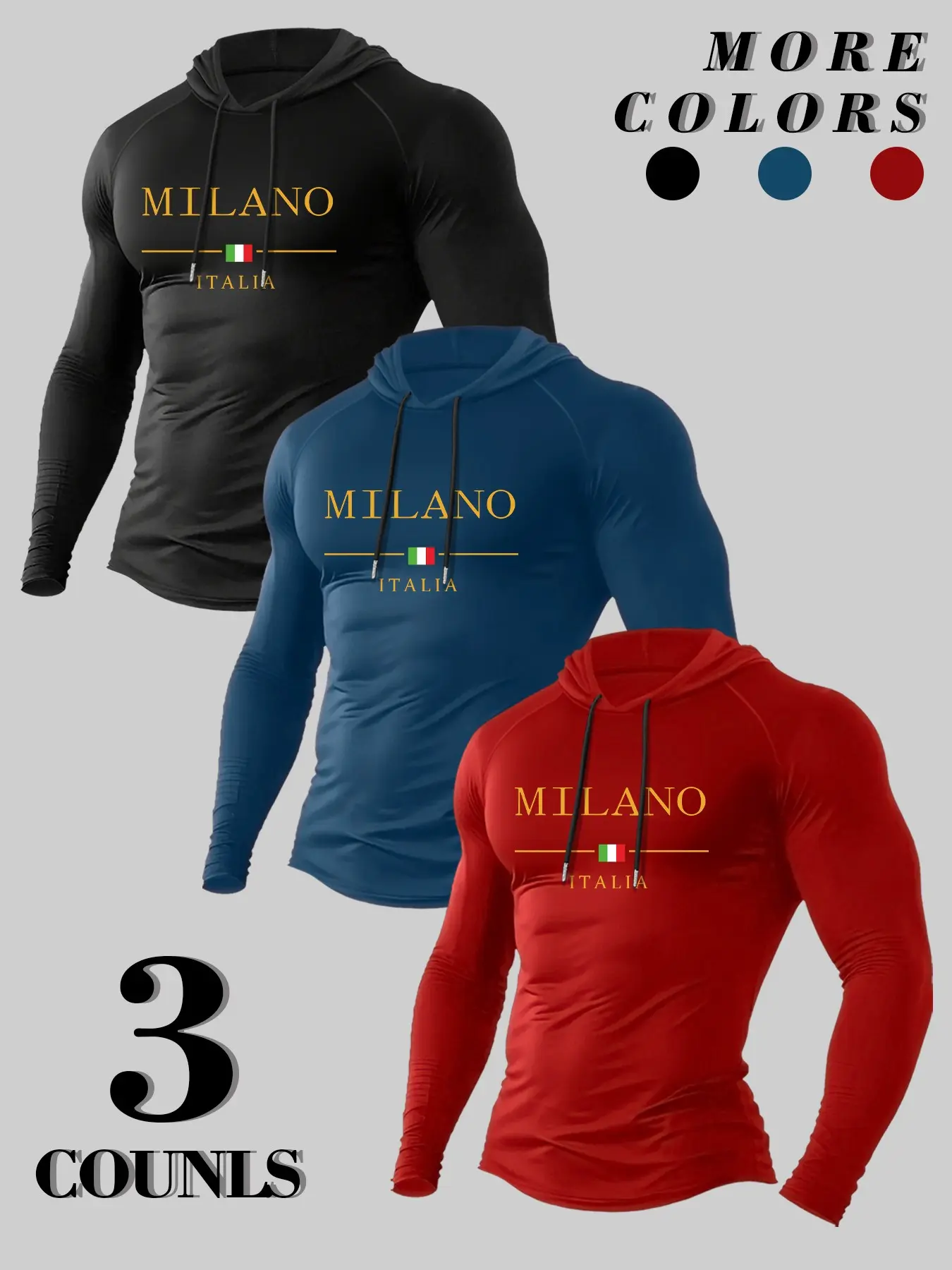 Italian MILANO Italy Flag Letter Print Compression Hooded Long Sleeve 3 Pack, Stretch Quick Dry Daily Gym Slim Base Hoodie