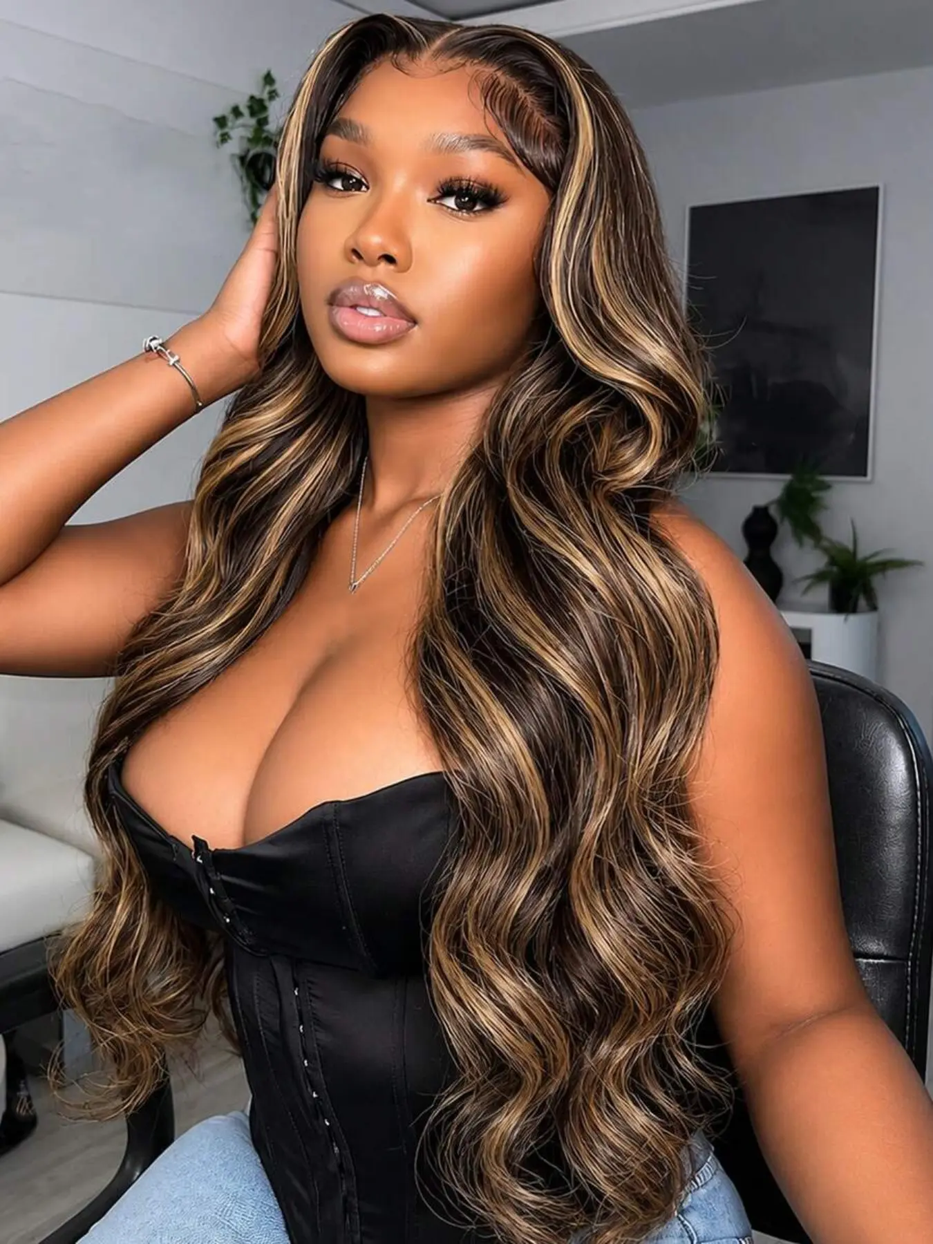 Ombre Highlight 5x5 Closure Lace Wigs Body Wave 200 Density Synthetic Hair Pre Cut Pre Plucked with Natural Hairline 1B/27 Balayage Colored Glueless Wigs for Women