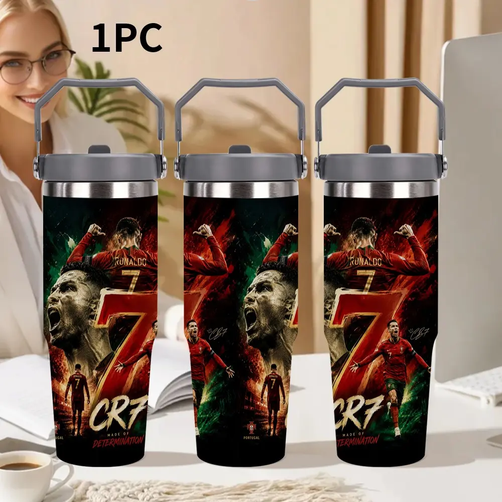 1pc 30oz/20oz Stainless Steel Insulated Cup, Soccer Tumbler, Cristiano Ronaldo Pattern Design, Portable Travel Cup for Sports, Fitness | Cartoon Car Cup, Ideal Gift for Christmas, New Year, ideal gift for friends who love football
