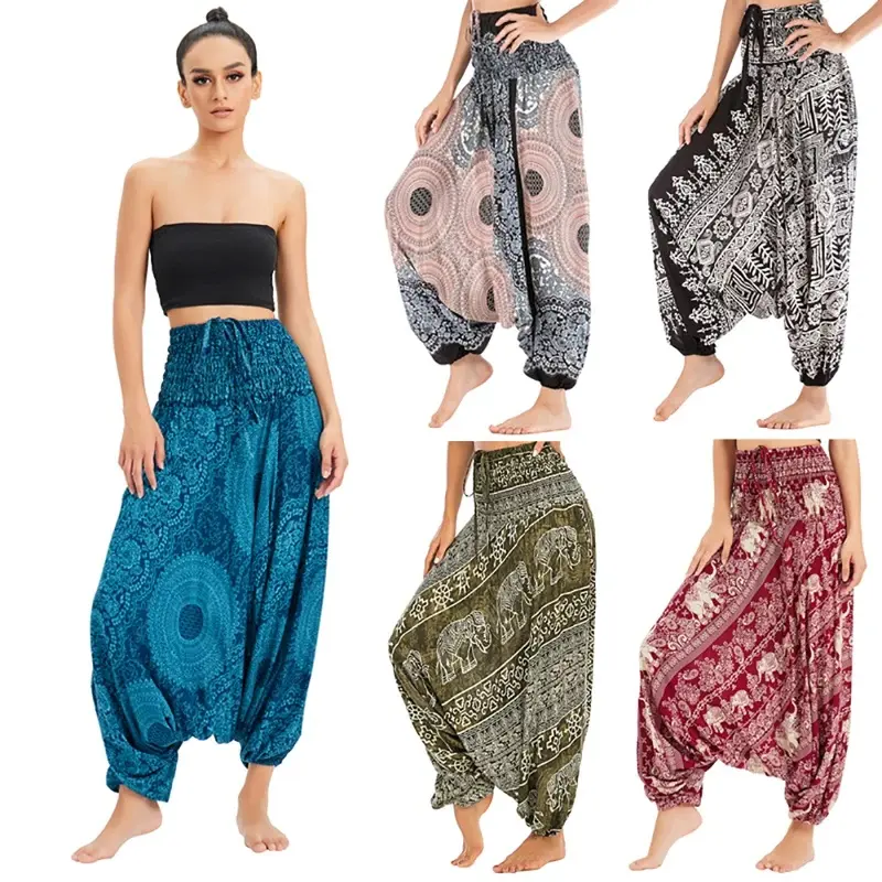 Women's Bohemian 4-Way Stretch Rayon Bottoms - Oversized, Ethnic, Loose, Baggy Fit Hippie High-Waist Joggers for Yoga, Beach - Grey, Khaki, Printed, Mamma Bubble Design, Full Length