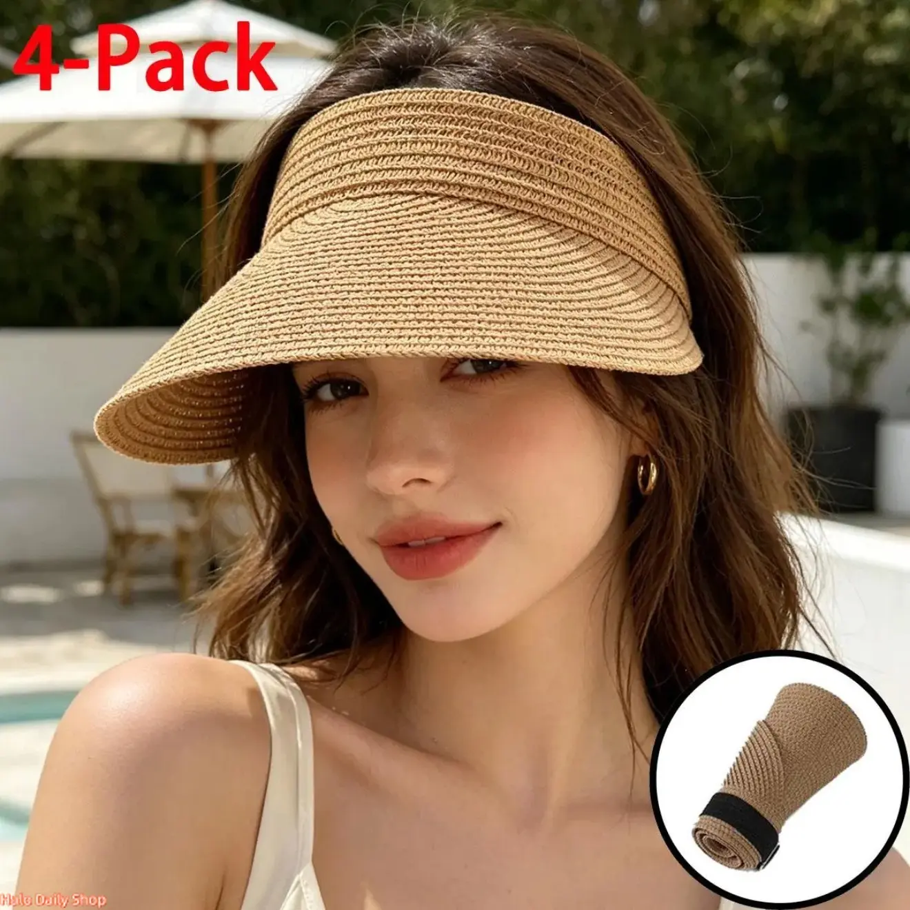 4-Pack Fashion Straw Sun Visors for Women Wide Brim Hats Roll-Up Foldable Summer Beach Visor Hat Outdoor Sun Hat Protective Cover summerwins