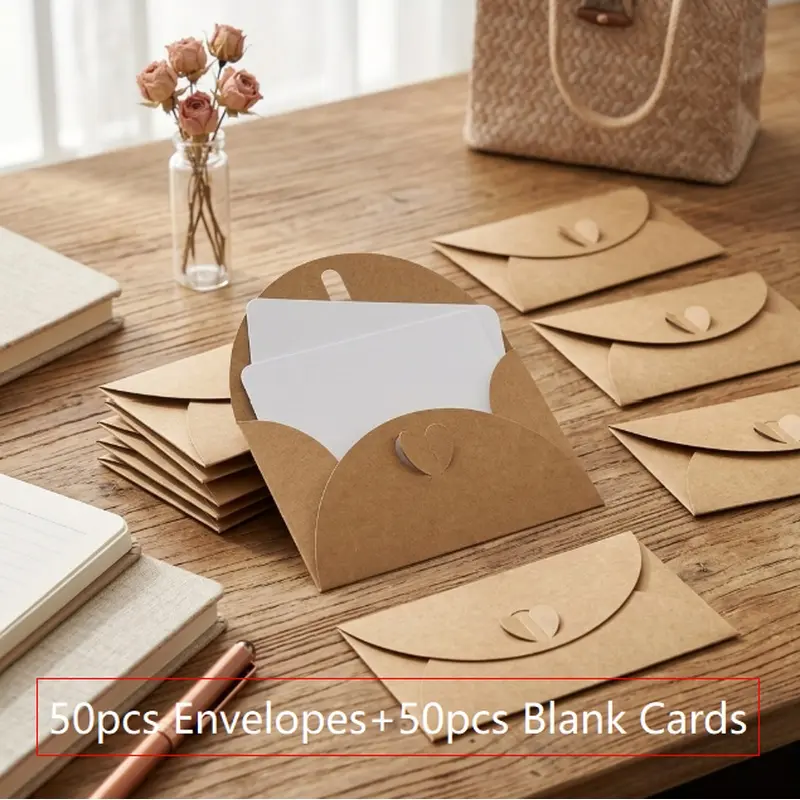 100pcs (50pcs mini kraft envelope +50pcs white cardboard), heart-shaped seal, love theme, heart-shaped pattern, no feathers, suitable for DIY invitations for weddings, birthdays and parties.
