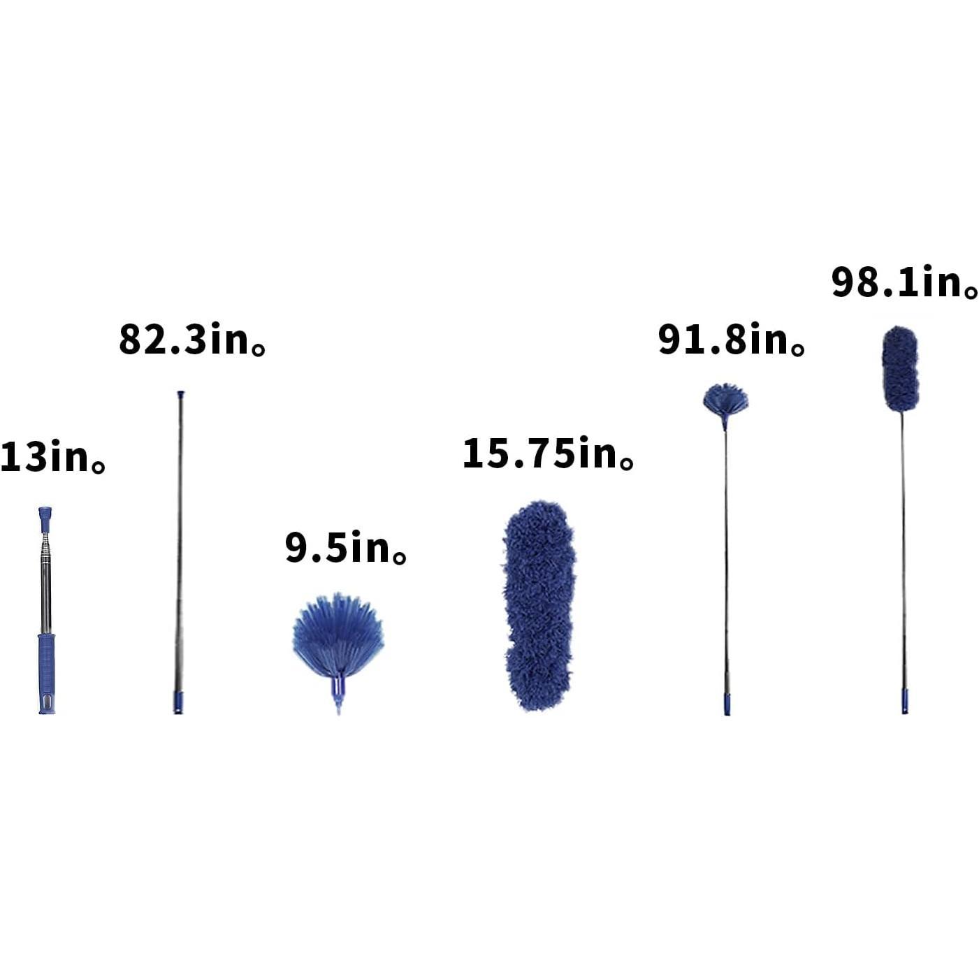 Cobweb Duster with Extension Pole, Washable Cleaning Duster Kit with 2 Duster Heads, Cobweb Duster, Corner Brush,  Telescoping Pole for Ceiling Fan (Blue)