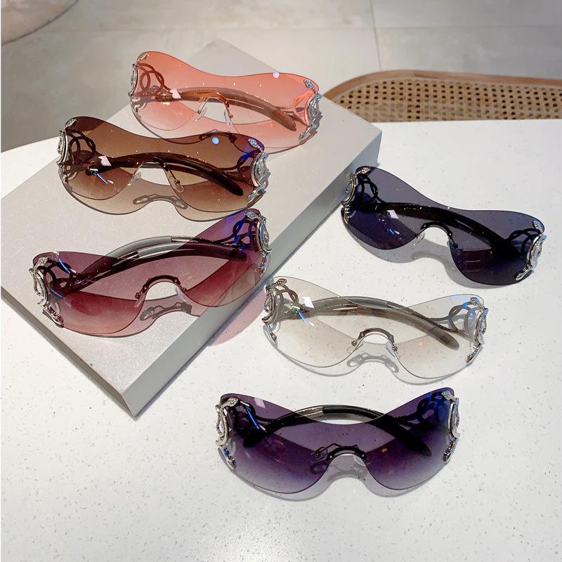 Y2K Rimless Luxury Brand Designer Sunglasses Women For Men One Piece Trendy Oversized Sun Glasses Metal Snake Pink Punk Shades durable SpringStatements