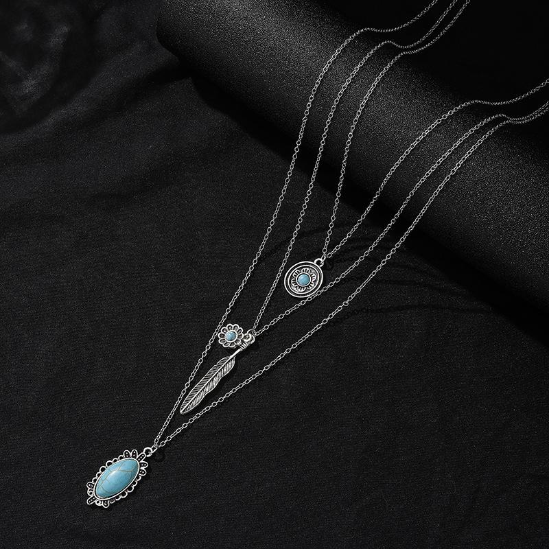 3 Pcs Boho Turquoise Layered Stackable Necklace Set, Silver Vintage Bohemian Jewelry for Women