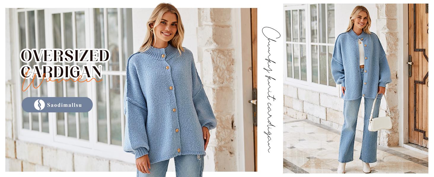 Saodimallsu Womens Oversized Cardigans Long Lantern Sleeve Button Down Chunky Knit Loose Fall Sweater Coats