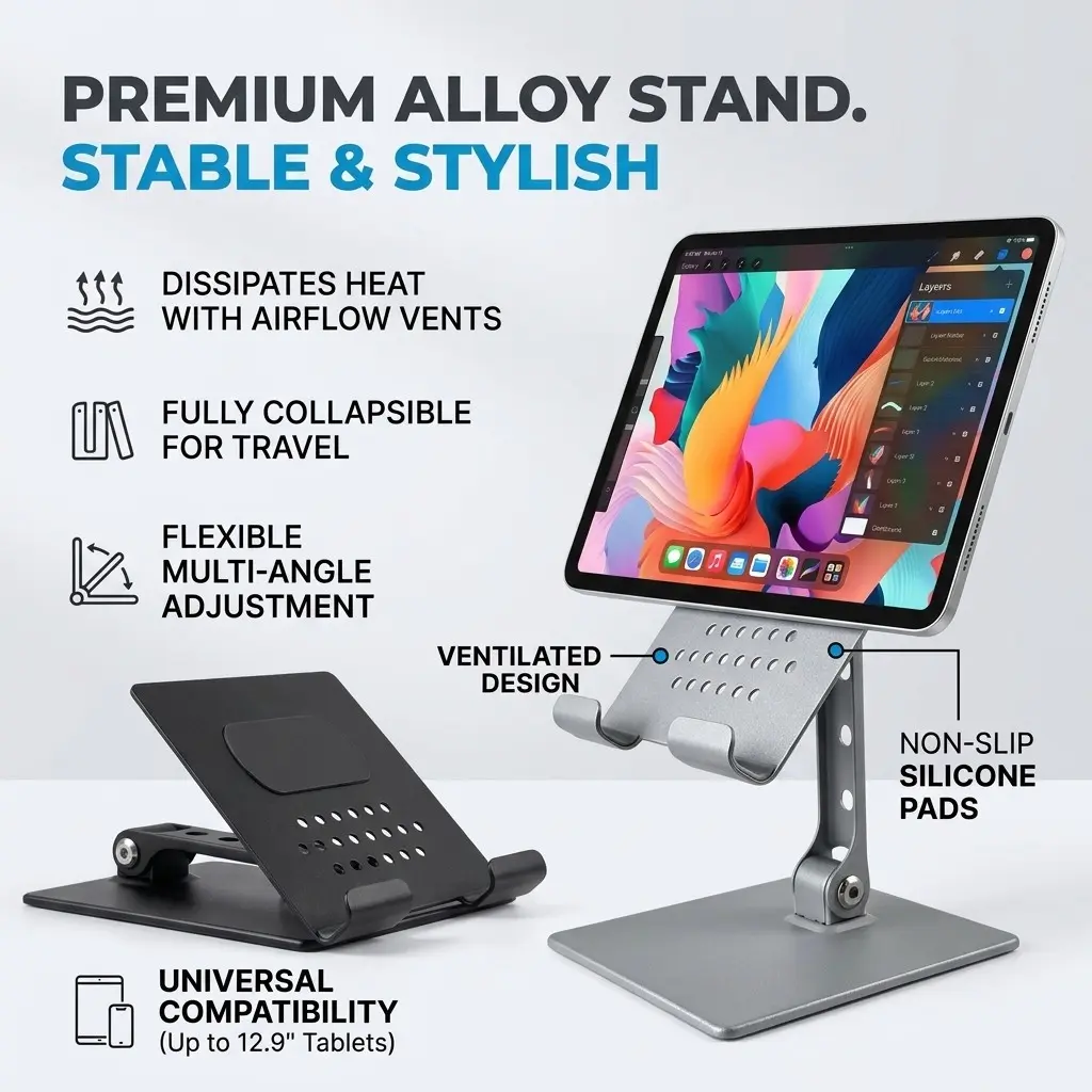 High-End Aluminum Tablet Stand, Foldable Adjustable Cooling Desktop Holder, Universal Portable Base for iPad Pro Air, Samsung Galaxy Tab, Surface, Smartphones, Silver Color/